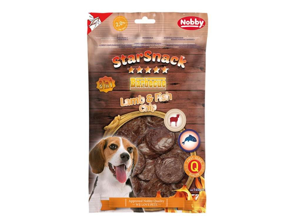 50745 NOBBY StarSnack Barbecue Lamb & Fish Chip 140 g, Ø 35 mm - PetsOffice