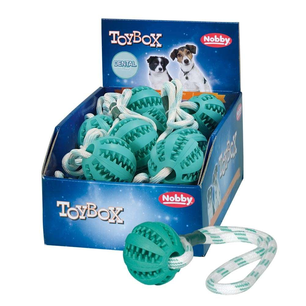 62583 NOBBY Rubber ball with rope "DENTAL LINE" ball: 7cm, rope: 30cm