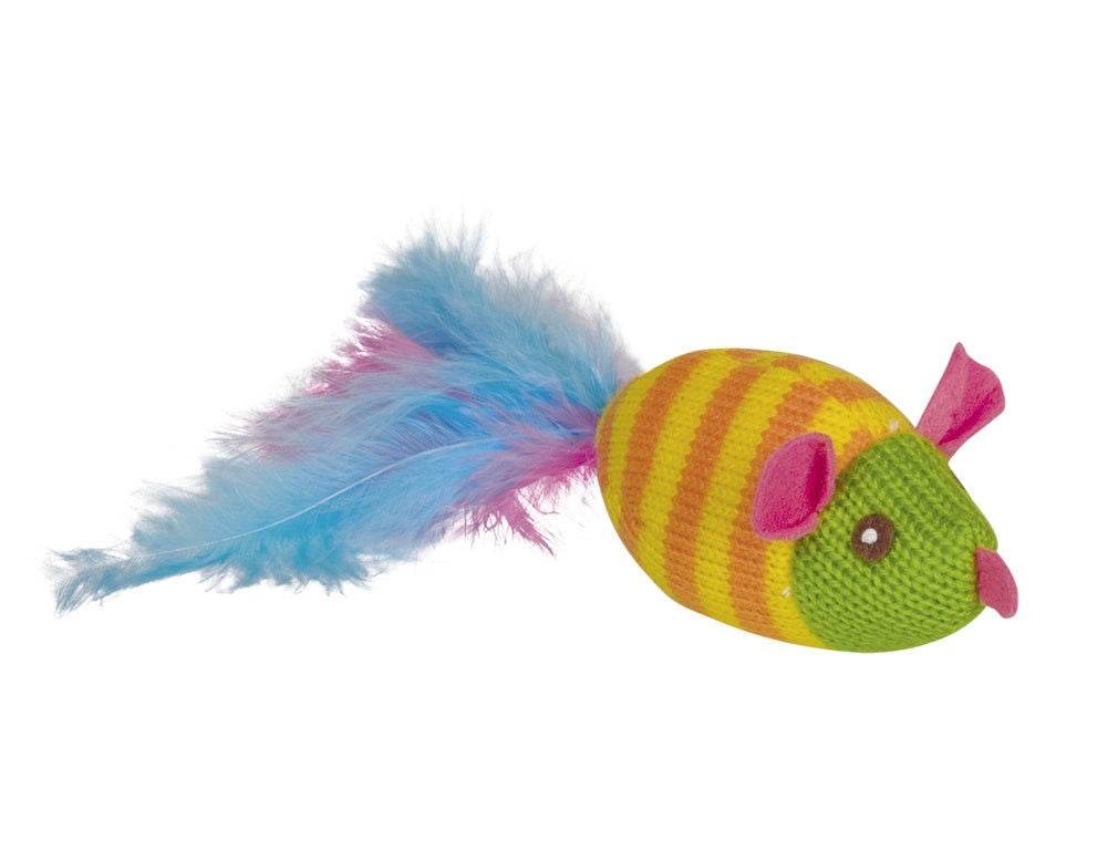 66937 Knitted mouse with feathers & catnip  11 cm / 20 cm -  - PetsOffice