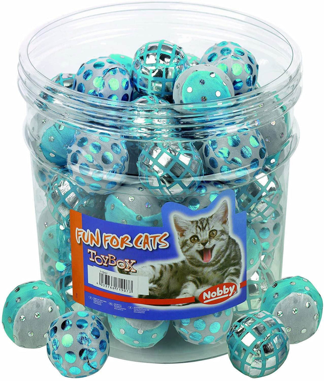 71907 NOBBY Toy Box Cat, glitter ball, blue-white 4cm -  - PetsOffice