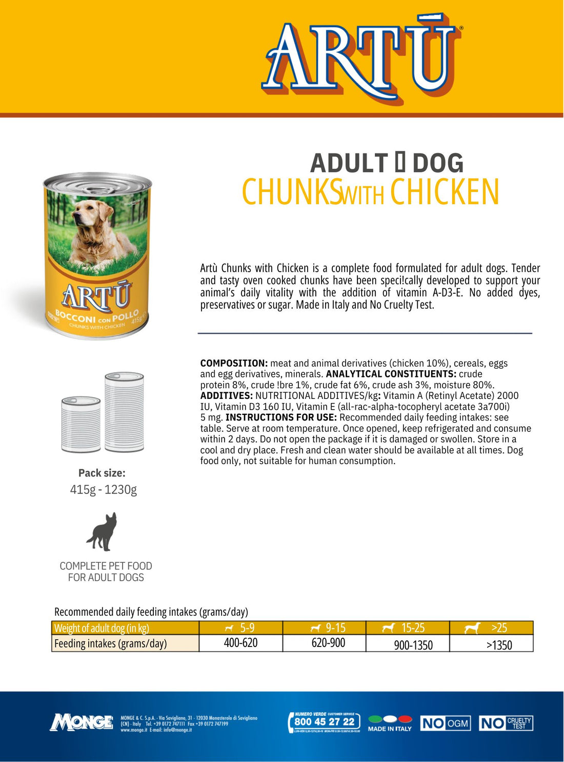 ARTU Chunks Chicken Dog Wet Food 415g