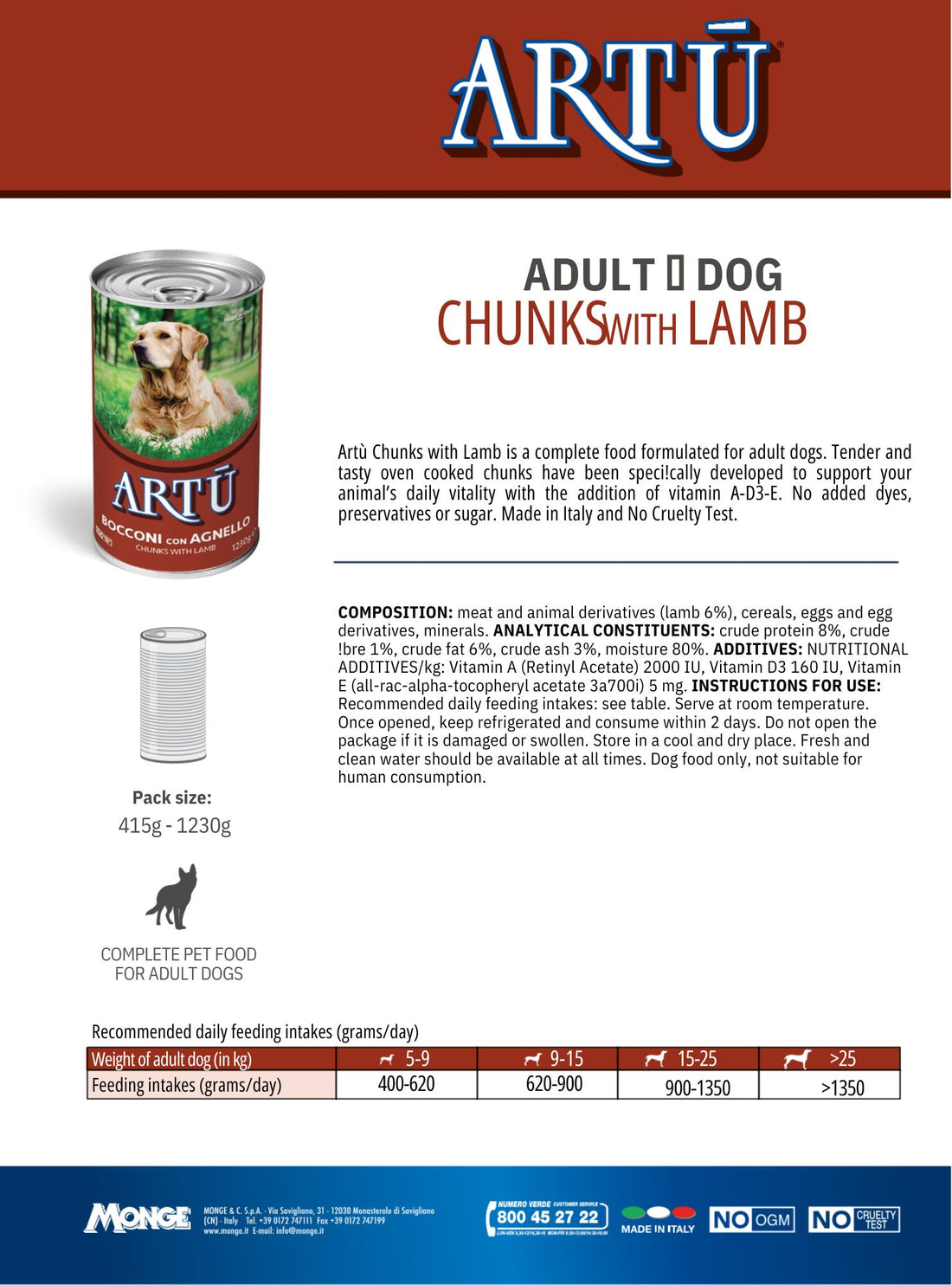 Artu Chunks Lamb Dog Wet Food 1230g -  - PetsOffice