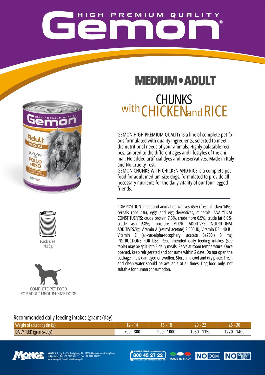 GEMON High Premium Chunks Chicken&Rice Dog Wet Food 415g