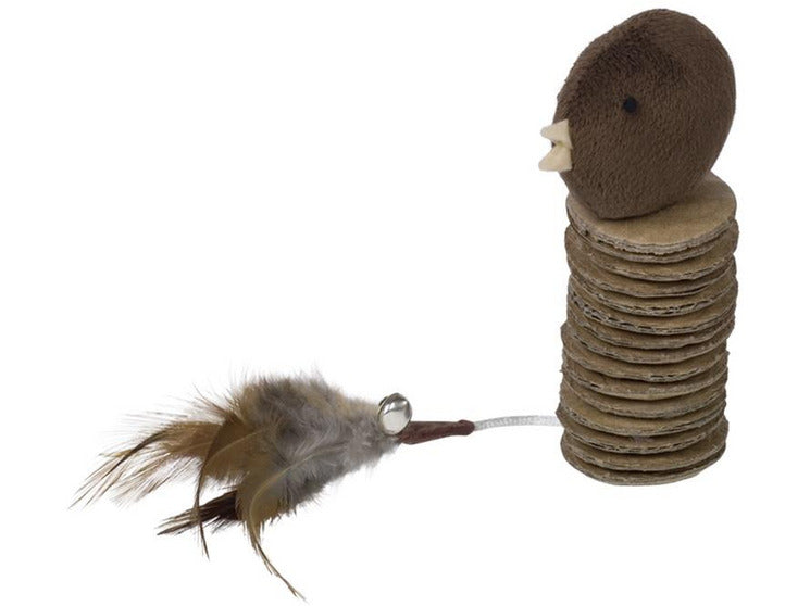 66949 Plush bird with cardboard discs,  bell and feather  28 cm, with catnip